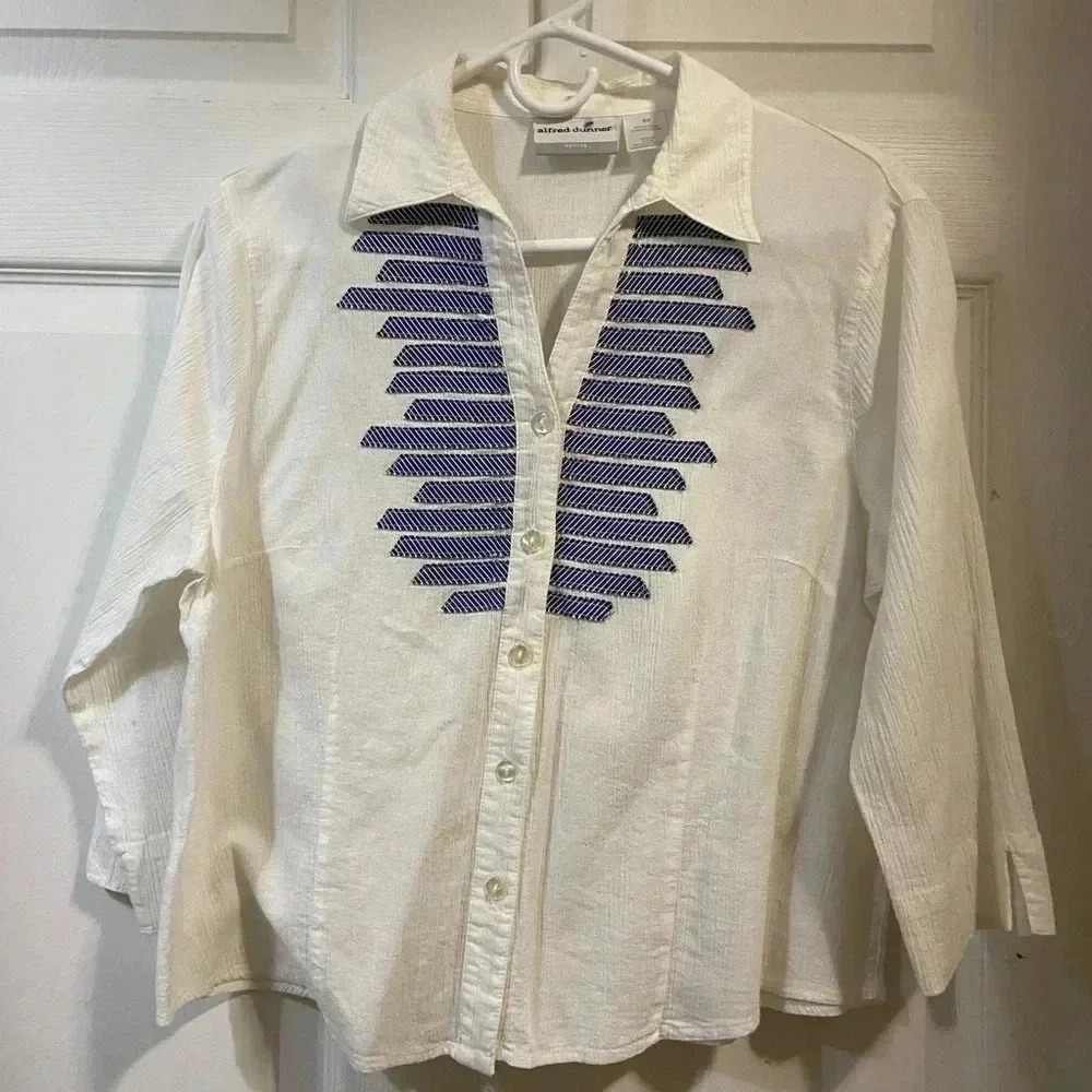 Alfred Dunner | White top with Blue strips | button up Top | Petite | Cotton